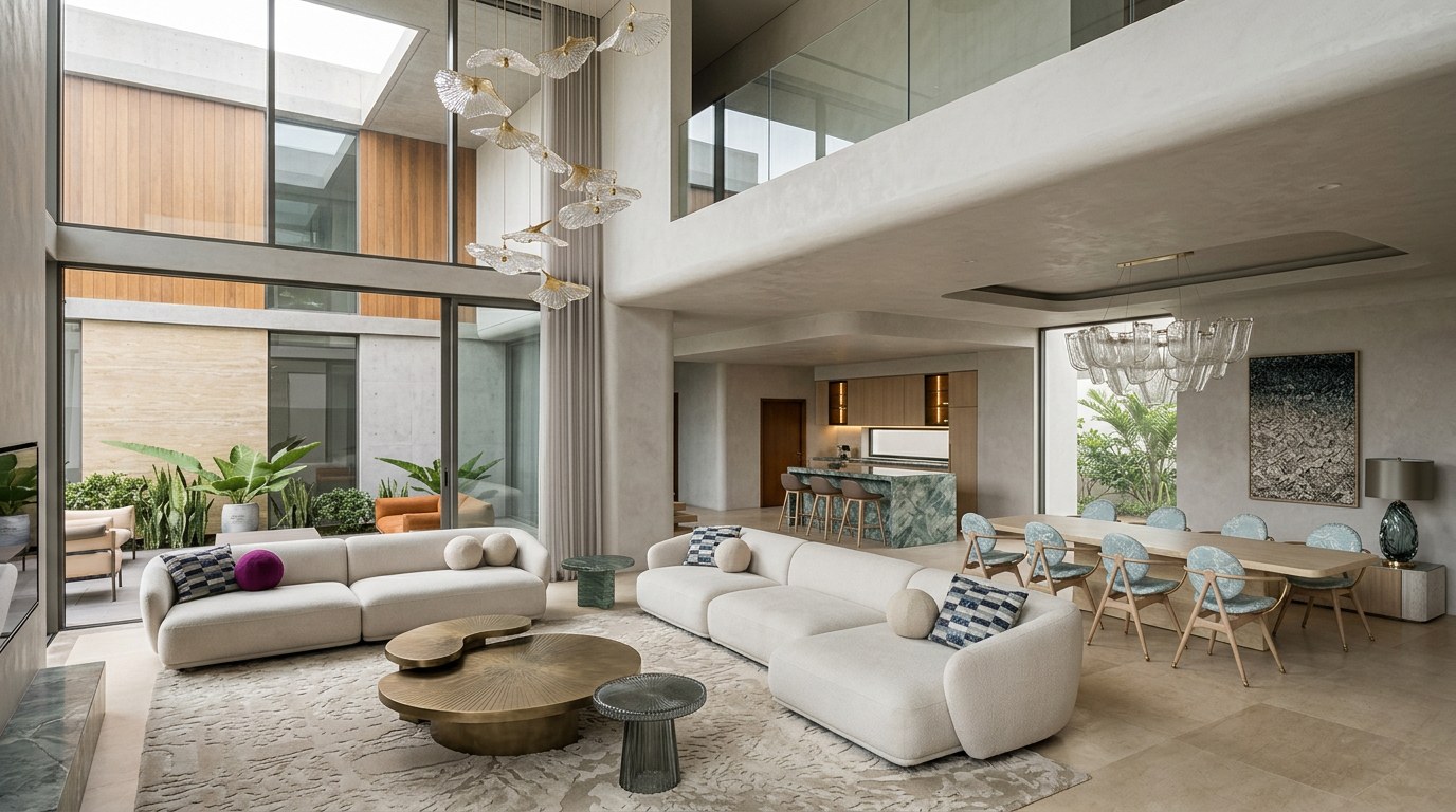 Double-height living room with suspended glass installation